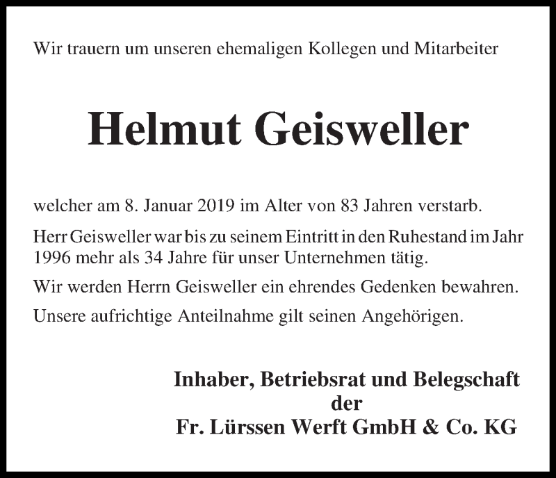 Traueranzeige von Helmut Geisweller von Die Norddeutsche