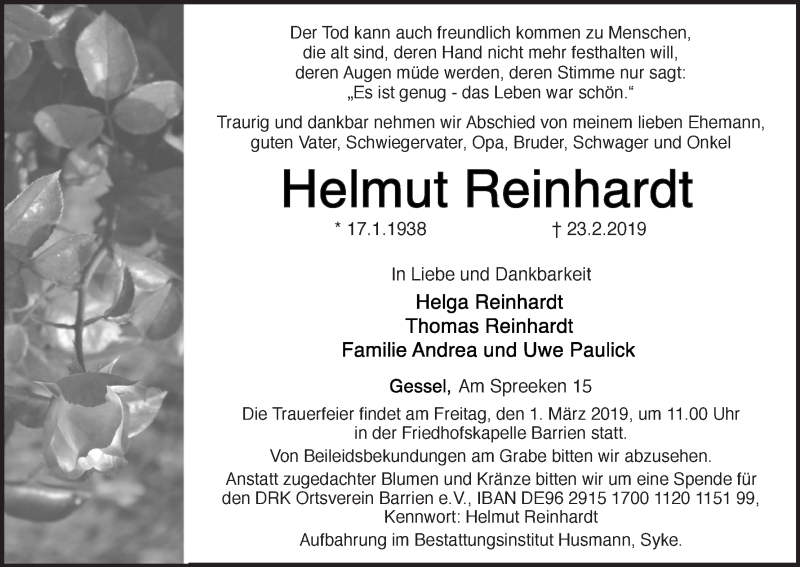 Traueranzeige von Helmut Reinhardt von WESER-KURIER