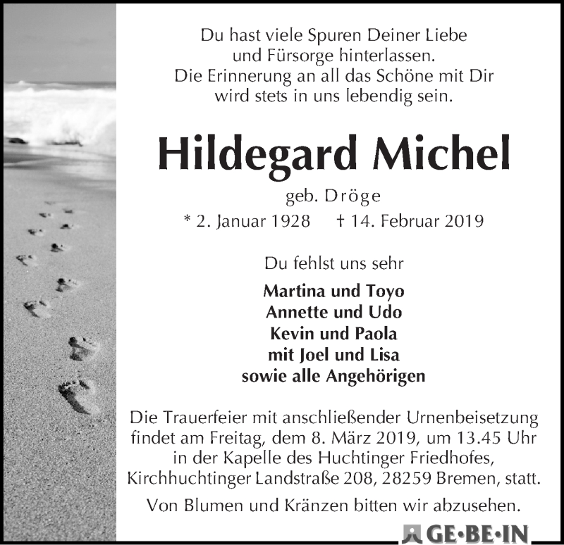 Traueranzeige von Hildegard Michel von WESER-KURIER