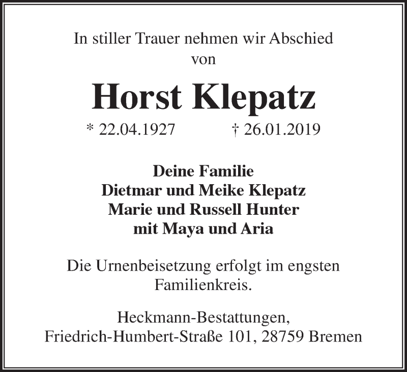 Traueranzeige von Horst Klepatz von Die Norddeutsche