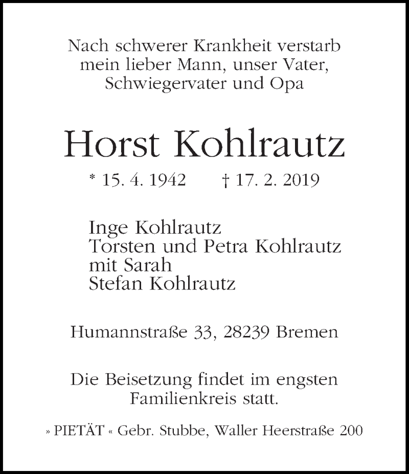 Traueranzeige von Horst Kohlrautz von WESER-KURIER