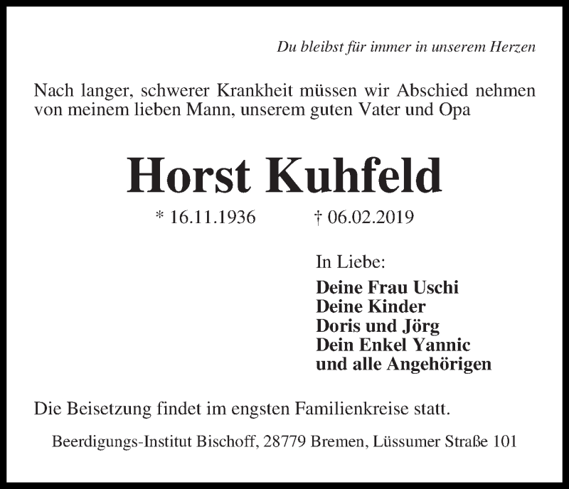 Traueranzeige von Horst Kuhfeld von Die Norddeutsche