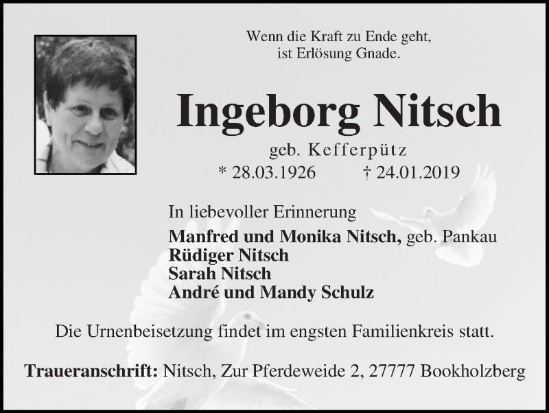 Traueranzeige von Ingeborg Nitsch von WESER-KURIER