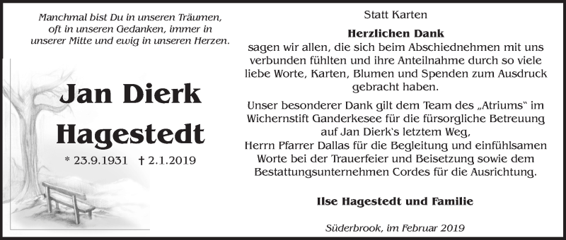 Traueranzeige von Jan Dierk Hagestedt von Die Norddeutsche