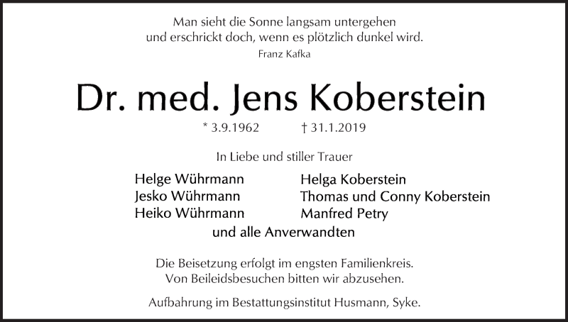 Traueranzeige von Jens Koberstein von WESER-KURIER