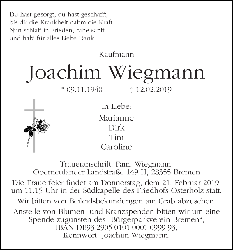 Traueranzeige von Joachim Wiegmann von WESER-KURIER