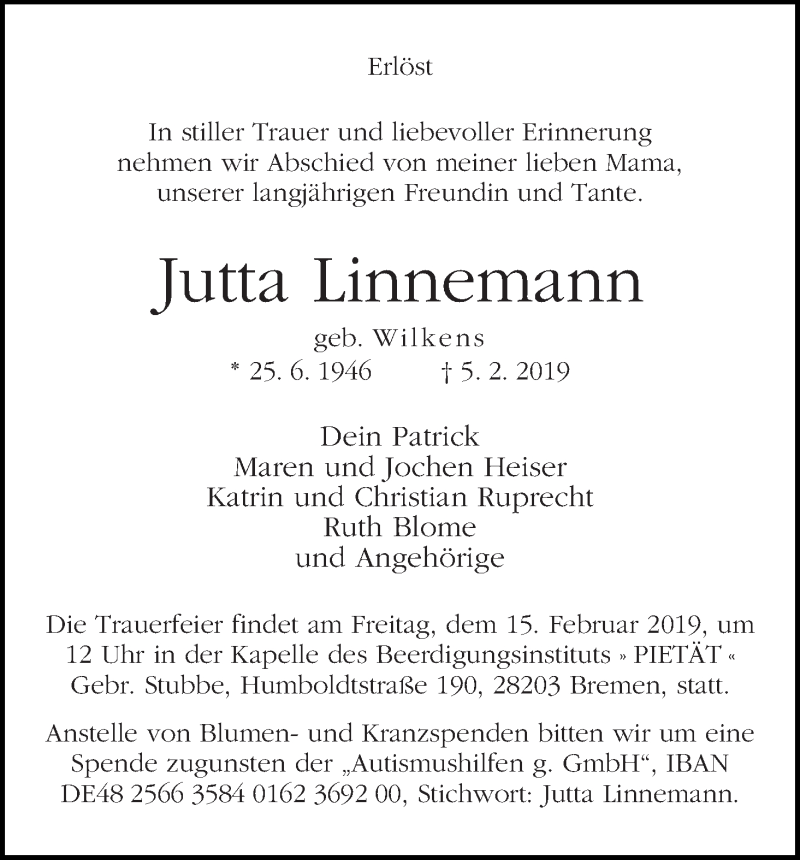 Traueranzeige von Jutta Linnemann von WESER-KURIER