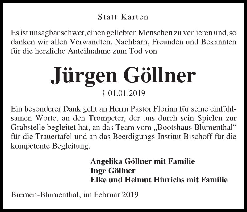 Traueranzeige von Jürgen Göllner von Die Norddeutsche
