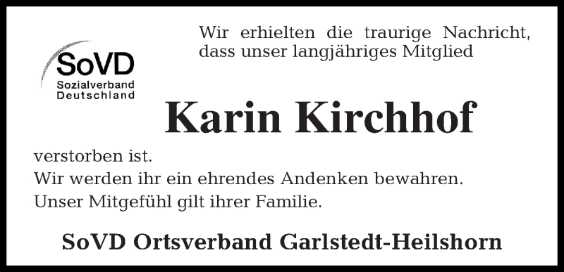 Traueranzeige von Karin Kirchhof von Osterholzer Kreisblatt