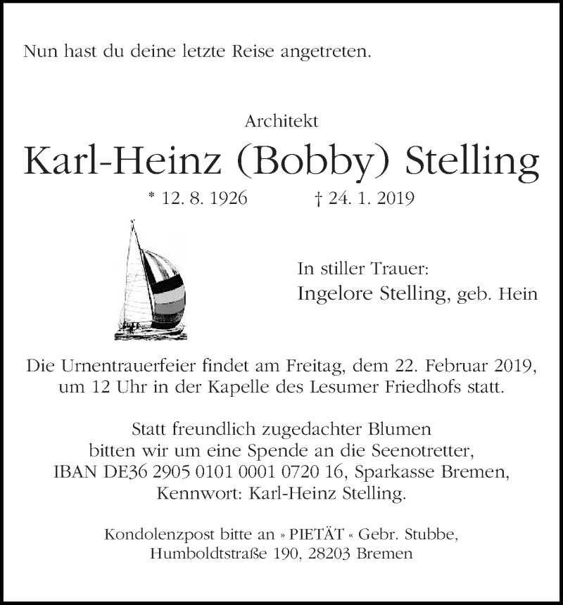 Traueranzeige von Karl-Heinz (Bobby) Stelling von Die Norddeutsche