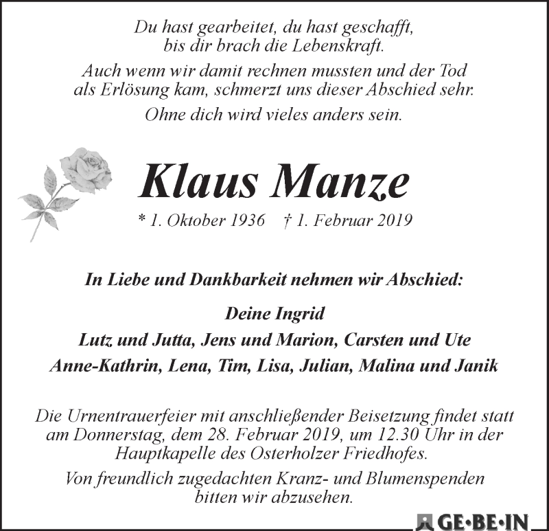 Traueranzeige von Klaus Manze von WESER-KURIER