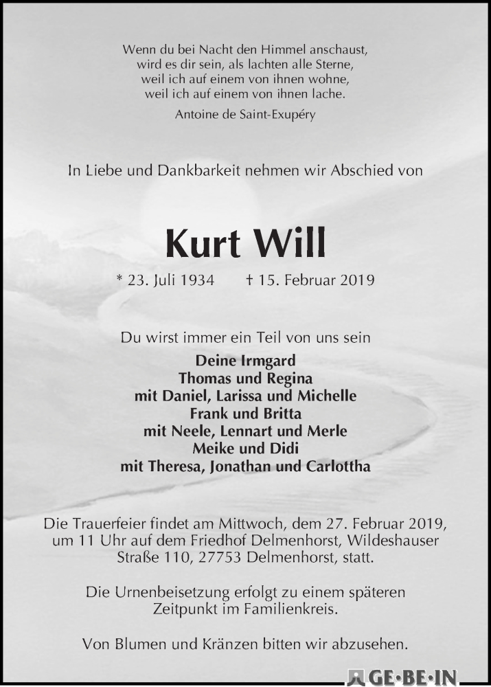 Traueranzeige von Kurt Will von WESER-KURIER