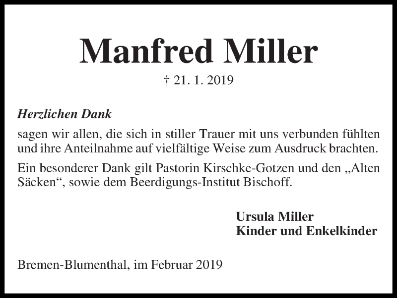 Traueranzeige von Manfred Miller von Die Norddeutsche