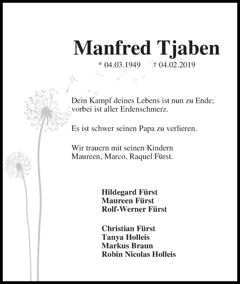 Traueranzeige von Manfred Tjaben von Die Norddeutsche