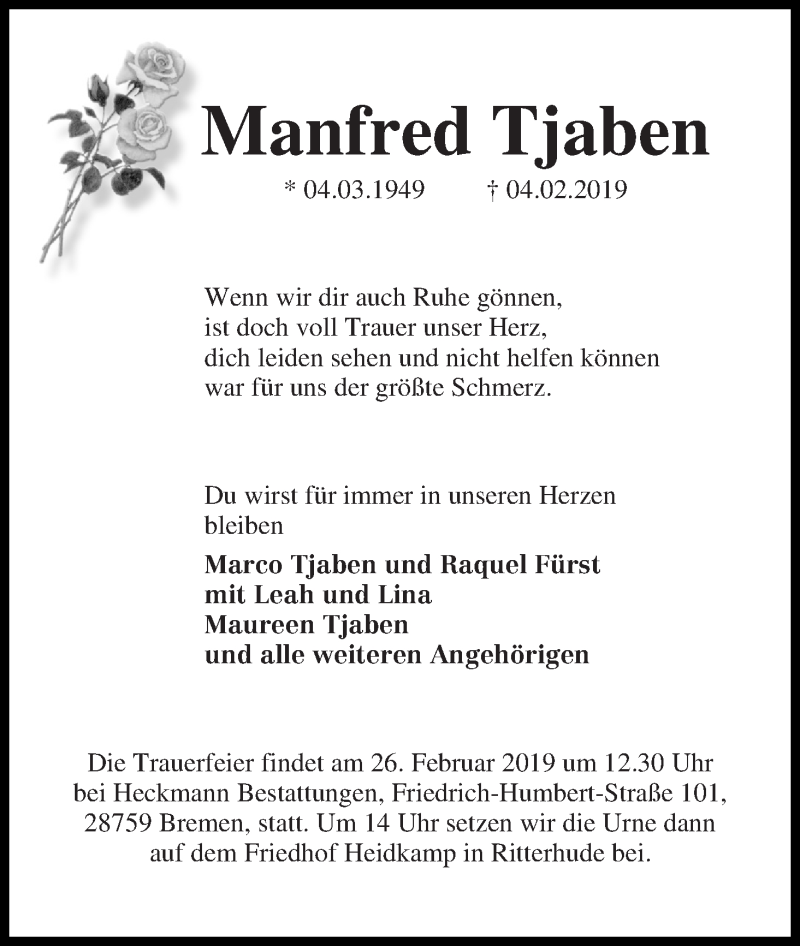 Traueranzeige von Manfred Tjaben von Die Norddeutsche