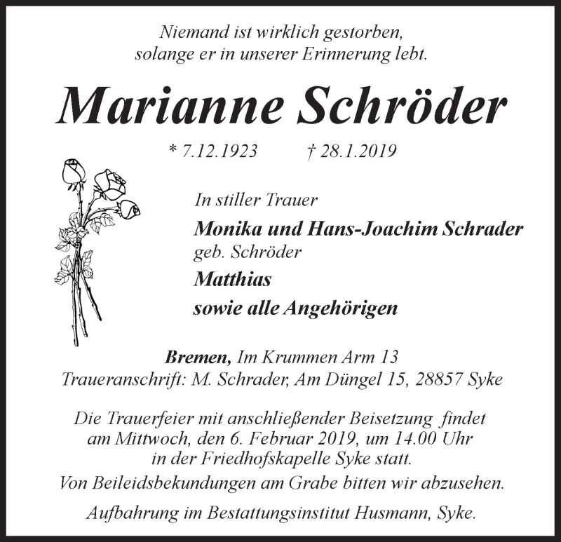 Traueranzeige von Marianne Schröder von WESER-KURIER