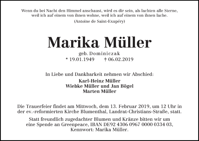 Traueranzeige von Marika Müller von Die Norddeutsche