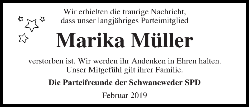 Traueranzeige von Marika Müller von Die Norddeutsche