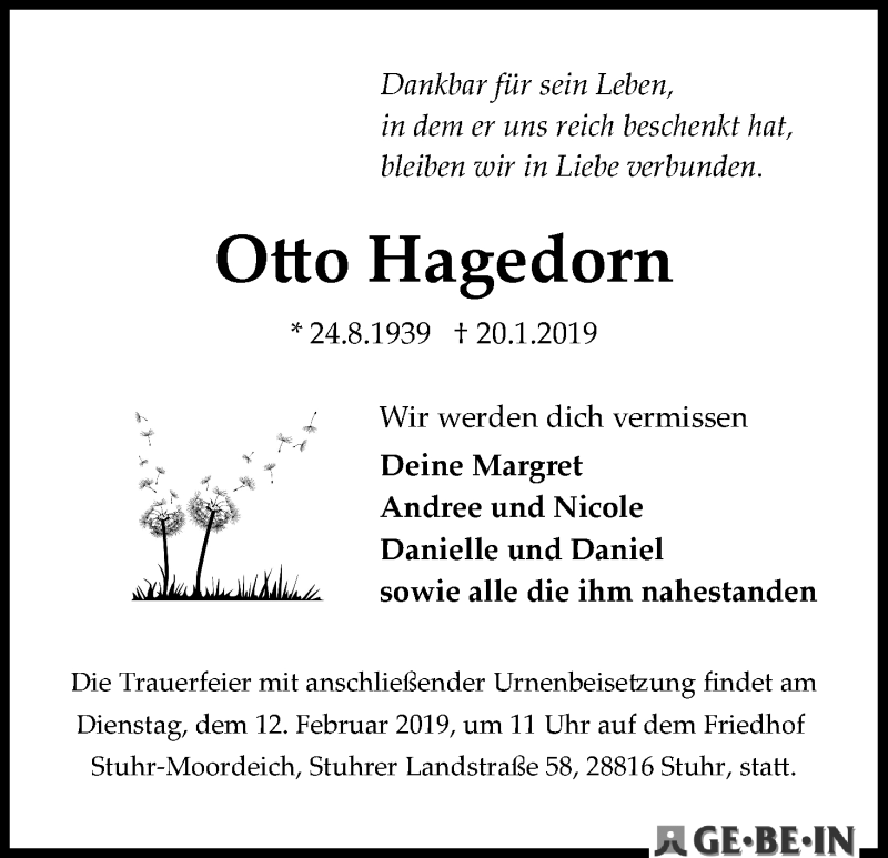 Traueranzeige von Otto Hagedorn von WESER-KURIER