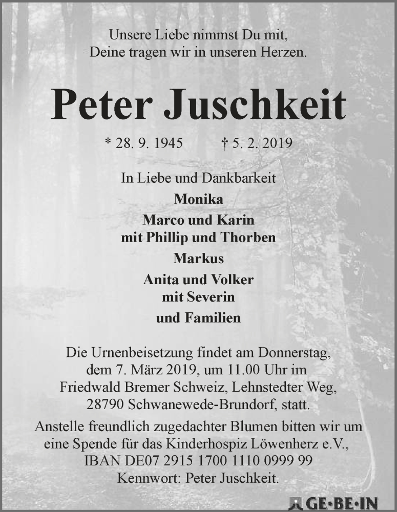 Traueranzeige von Peter Juschkeit von WESER-KURIER
