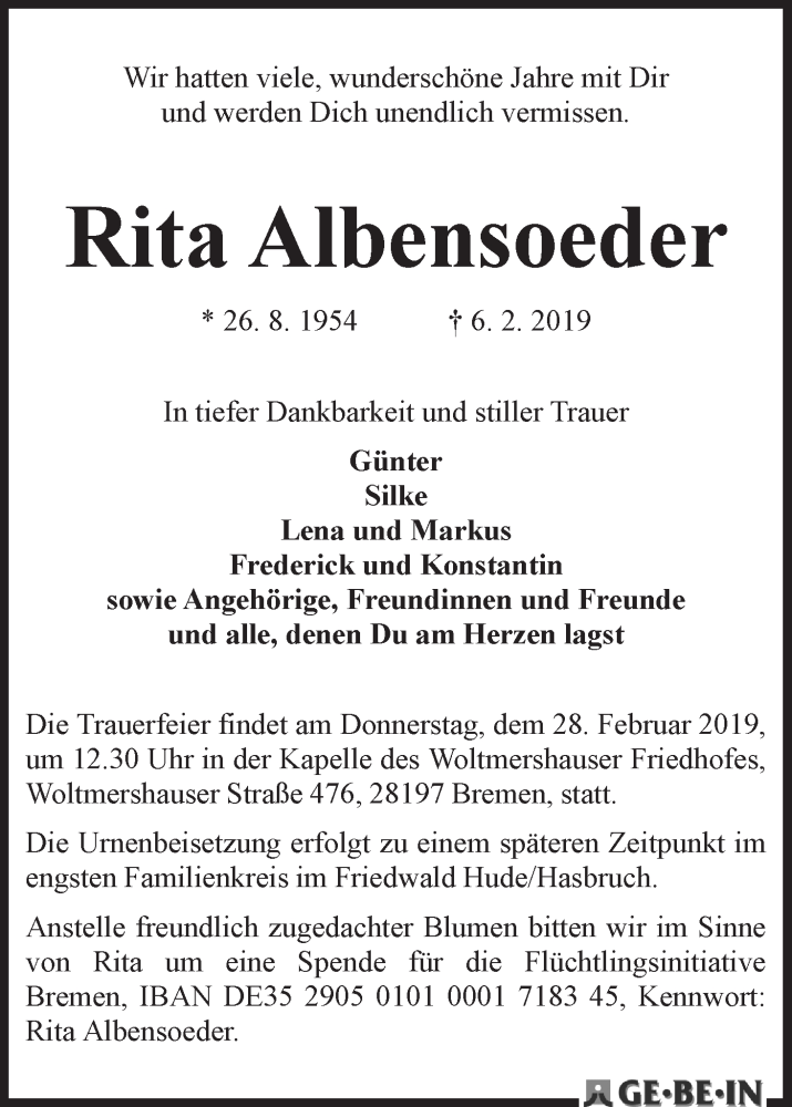 Traueranzeige von Rita Albensoeder von WESER-KURIER