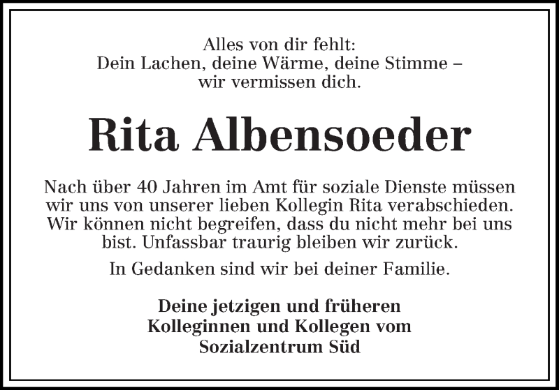 Traueranzeige von Rita Albensoeder von WESER-KURIER