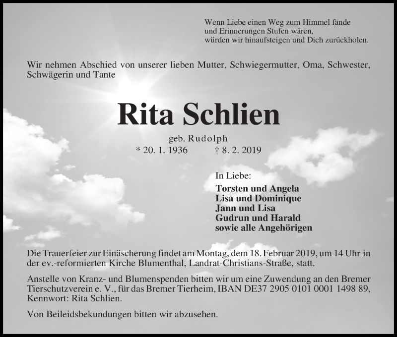 Traueranzeige von Rita Schlien von Die Norddeutsche