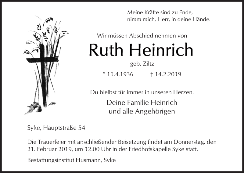 Traueranzeige von Ruth Heinrich von WESER-KURIER
