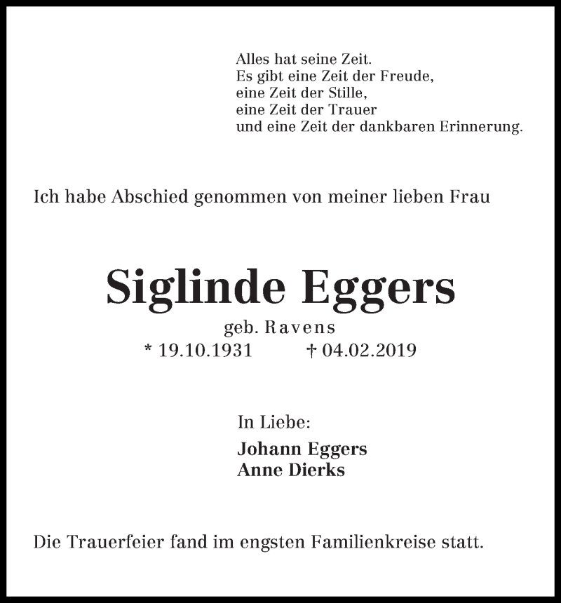 Traueranzeige von Sigline Eggers von Die Norddeutsche