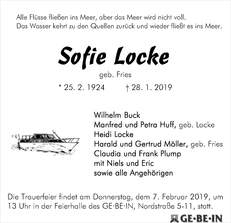 Traueranzeige von Sofie Locke von WESER-KURIER