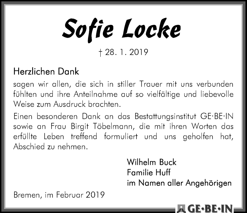 Traueranzeige von Sofie Locke von WESER-KURIER
