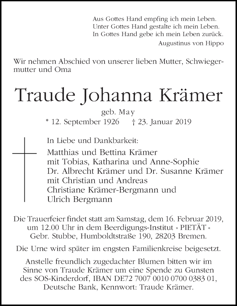 Traueranzeige von Traude Johanna Krämer von WESER-KURIER