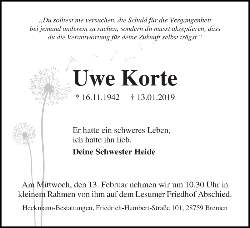 Traueranzeige von Uwe Korte von Die Norddeutsche