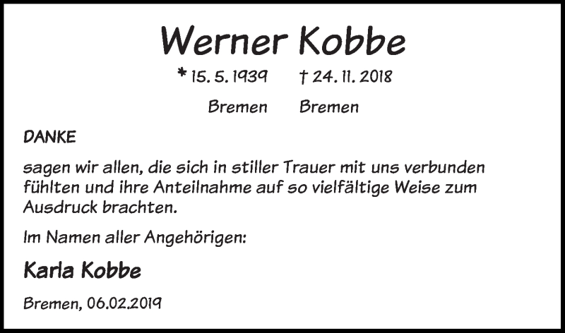 Traueranzeige von Werner Kobbe von Die Norddeutsche