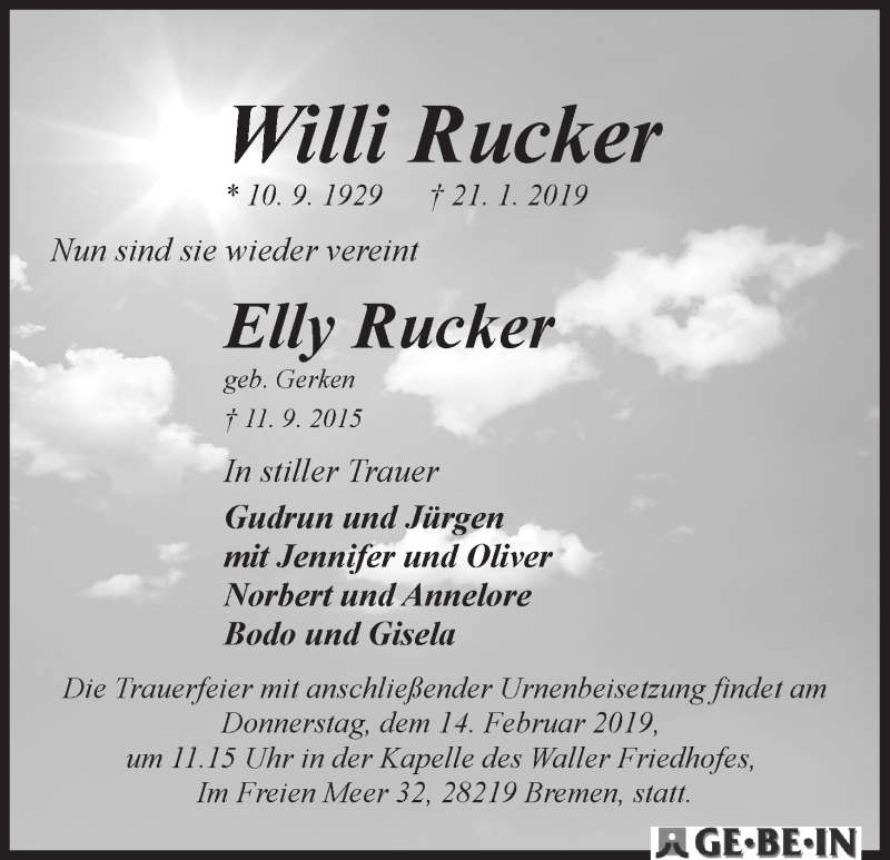 Traueranzeige von Willi und Elly Rucker von WESER-KURIER