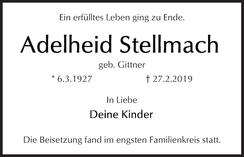 Traueranzeige von Adelheid Stellmach von WESER-KURIER