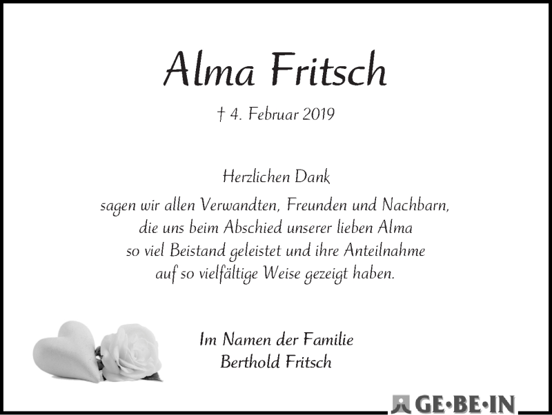 Traueranzeige von Alma Fritsch von WESER-KURIER