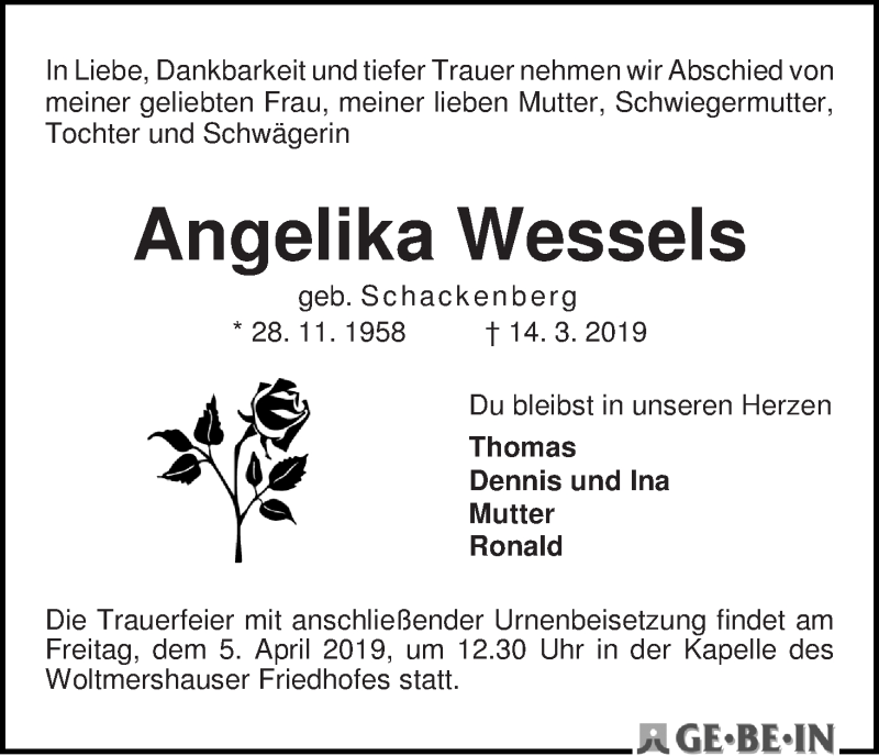 Traueranzeige von Angelika Wessels von WESER-KURIER
