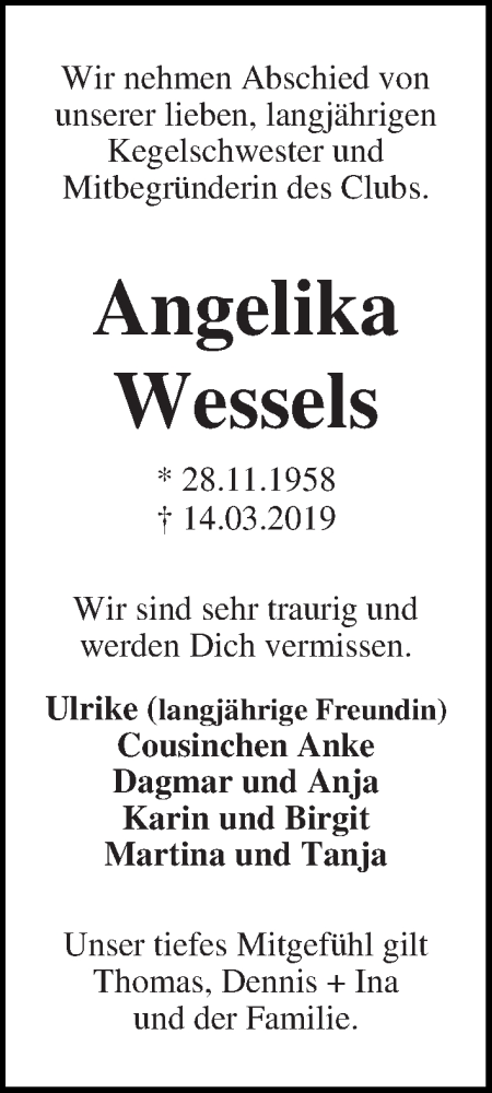 Traueranzeige von Angelika Wessels von WESER-KURIER