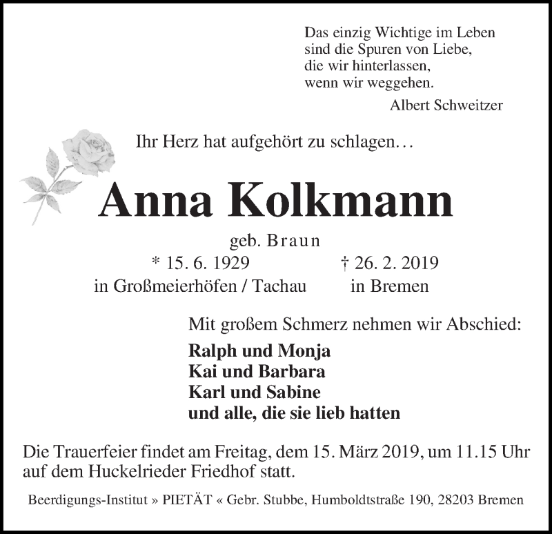 Traueranzeige von Anna Kolkmann von WESER-KURIER