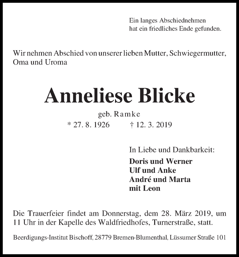 Traueranzeige von Anneliese Blicke von Die Norddeutsche