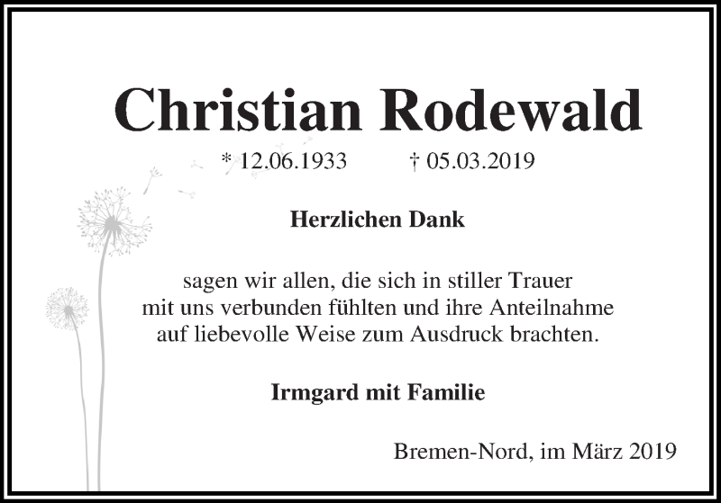 Traueranzeige von Christian Rodewald von Die Norddeutsche