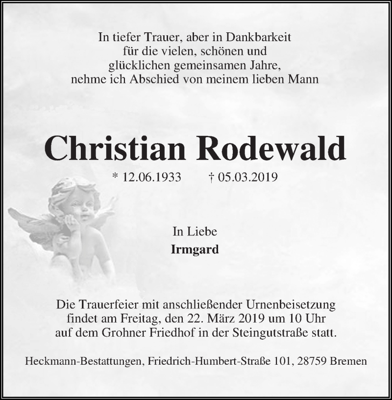 Traueranzeige von Christian Rodewald von Die Norddeutsche