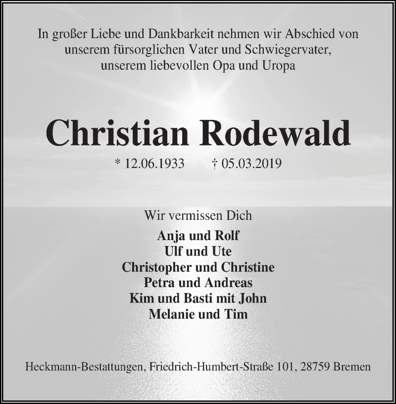Traueranzeige von Christian Rodewald von Die Norddeutsche