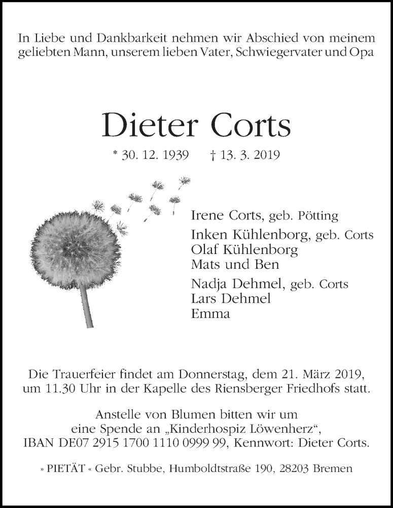 Traueranzeige von Dieter Corts von WESER-KURIER