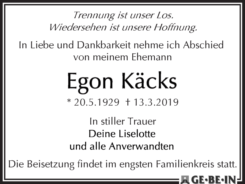 Traueranzeige von Egon Käcks von WESER-KURIER