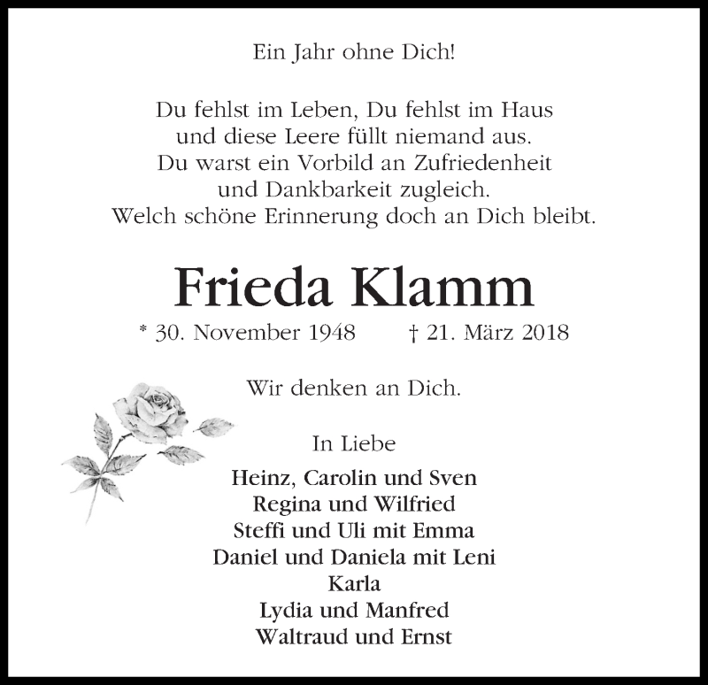 Traueranzeige von Frieda Klamm von WESER-KURIER