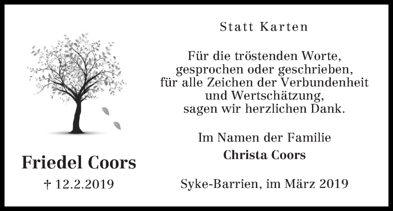 Traueranzeige von Friedel Coors von WESER-KURIER
