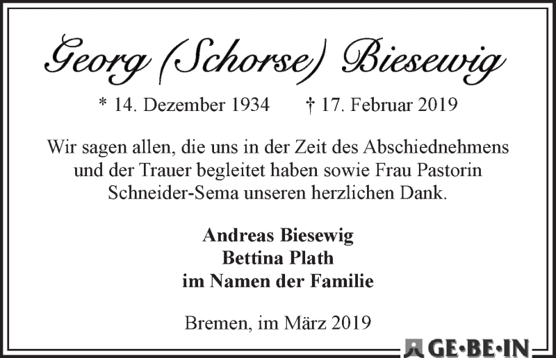 Traueranzeige von Georg Biesewig von WESER-KURIER
