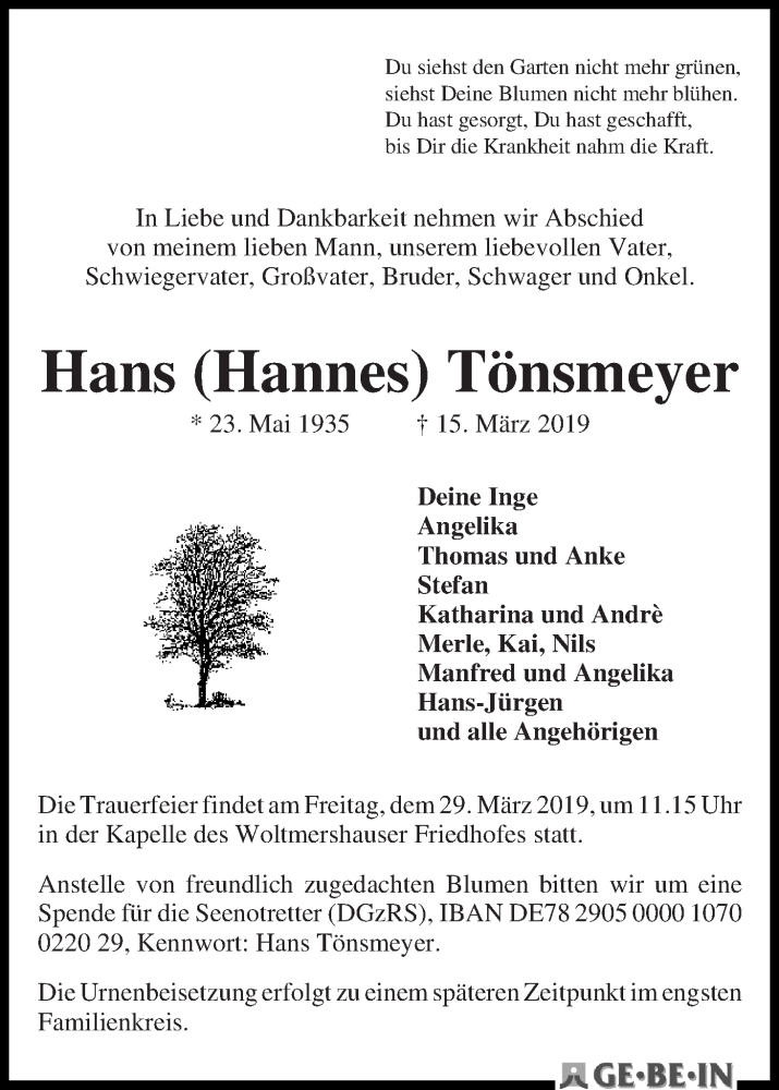 Traueranzeige von Hans (Hannes) Tönsmeyer von WESER-KURIER